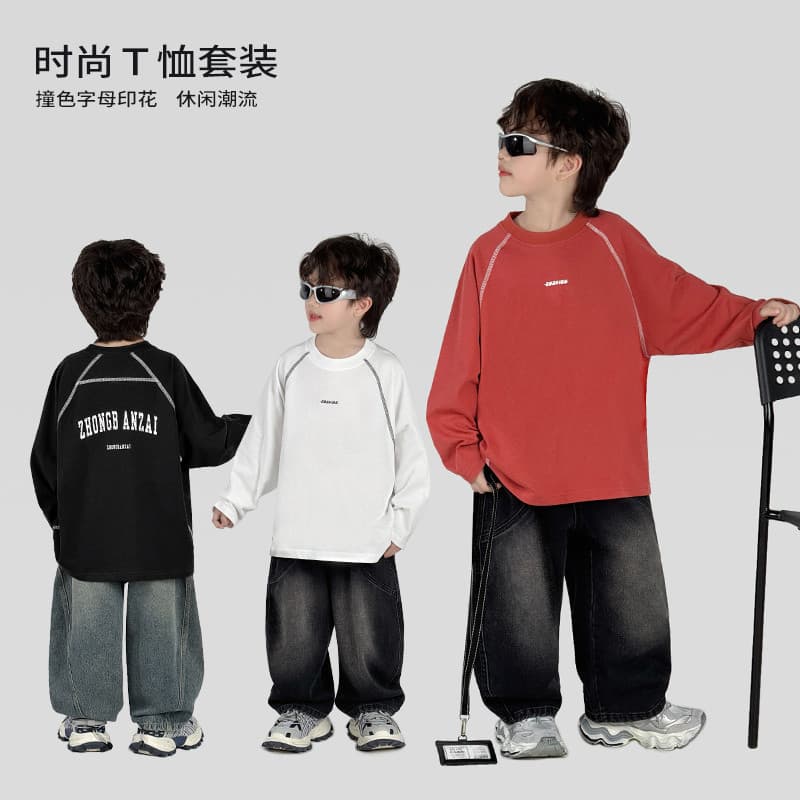 Crianças roupas meninos primavera outono terno Casual impresso manga comprida camiseta Jeans terno de duas peças médio g