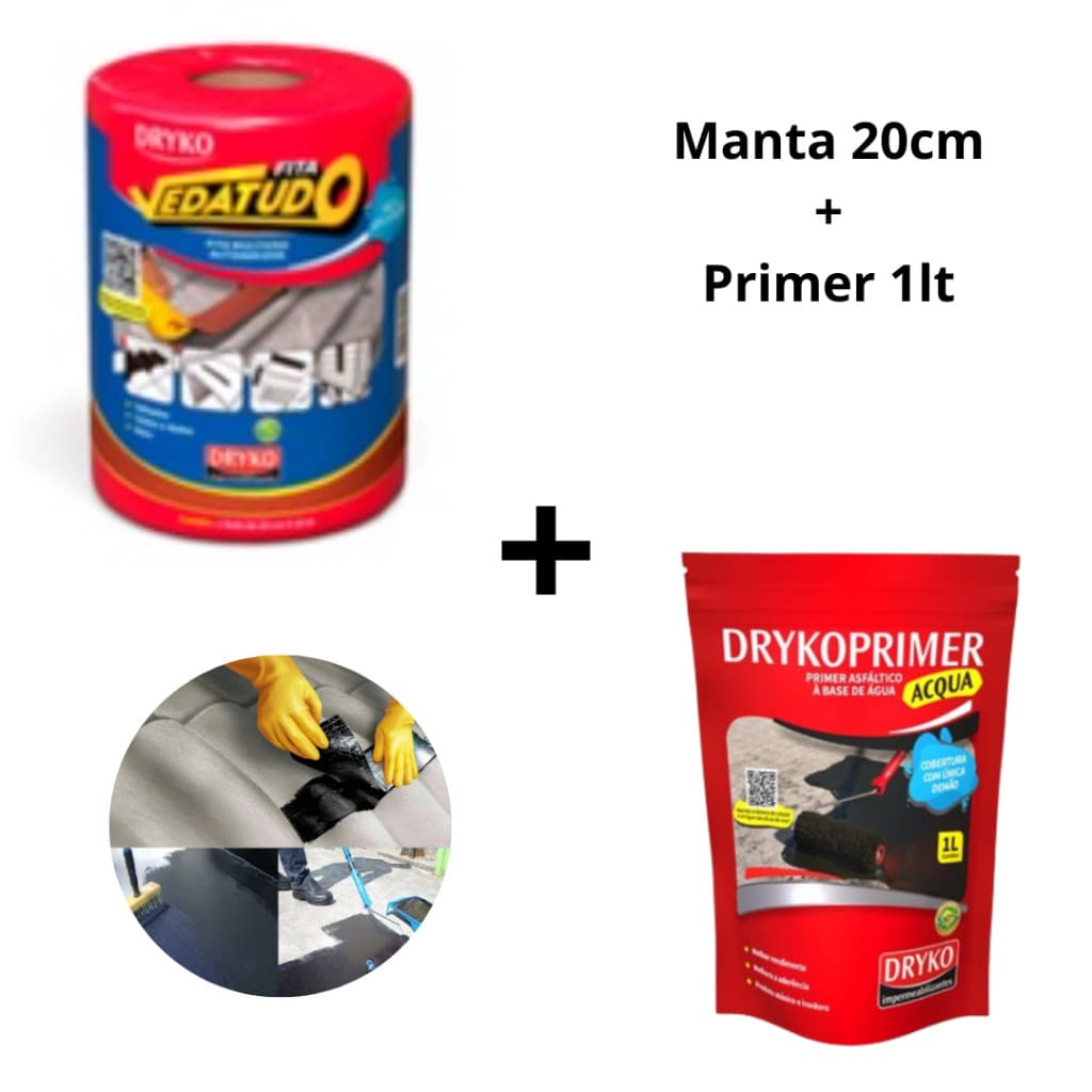 Kit Fita Manta 20cm + Primer 1L Impermeabilização Vedatudo Telha Laje Multiuso - Dryko