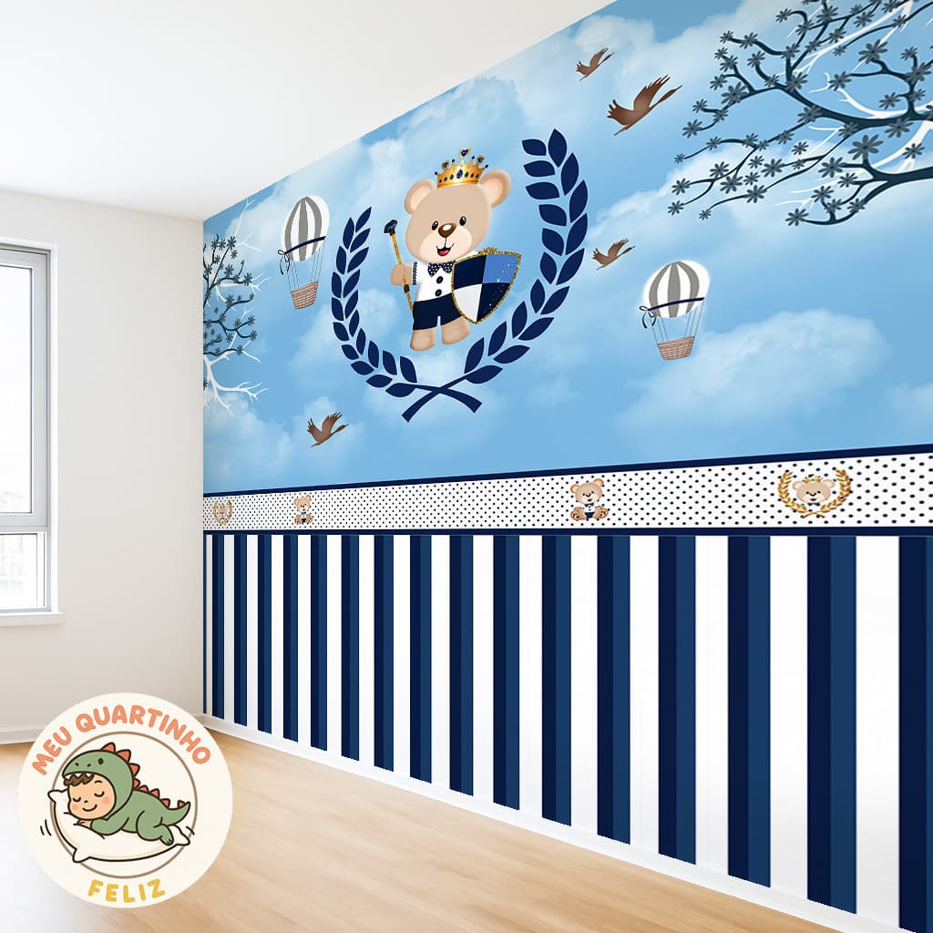 Papel de Parede Tema Ursinho Principe Azul Marinho + Faixa Nome Urso Bebê Azul Escuro