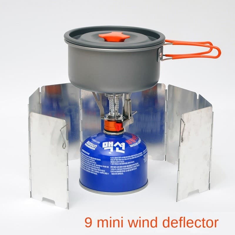 Conjunto de acampamento ao ar livre cabeça caldeira pára-brisa 9 peças Mini fogão portátil dobrável pára-brisa com pino