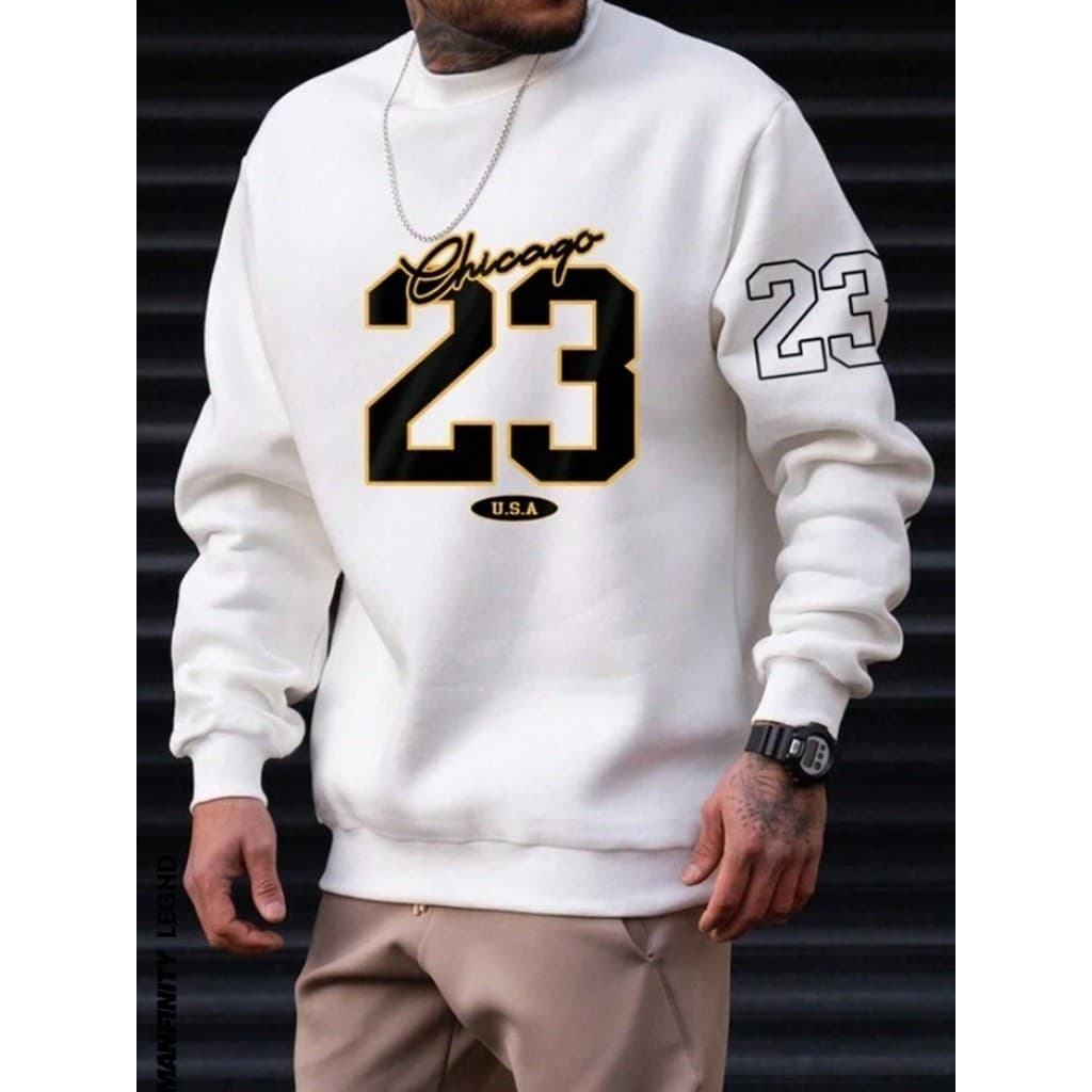 Moletom Chicago 23 Preto Blusa de Frio Gola Careca Flanelado Inverno Passeio Casual