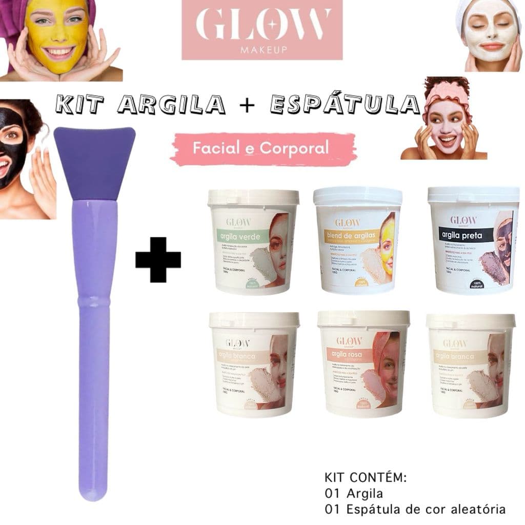 Kit Argila em Pó e Espatula Glow Branca com Mosqueta, Rosa com Colágeno, Verde, Preta, Blend, Branca com Dolomita