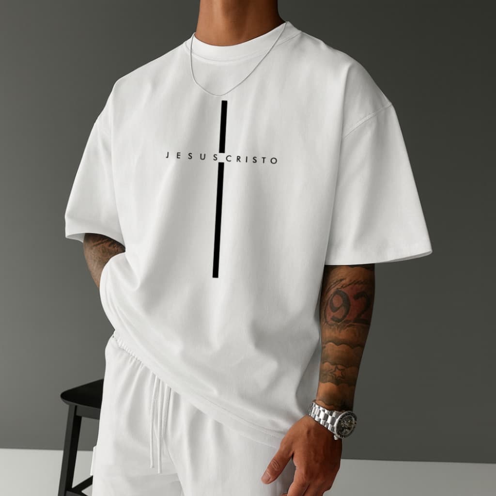 Camiseta Masculina Moda Evangélica Cruz Jesus Cristo Camisa Streetwear Tecido 100% Algodão Manga Curta Gola Redonda