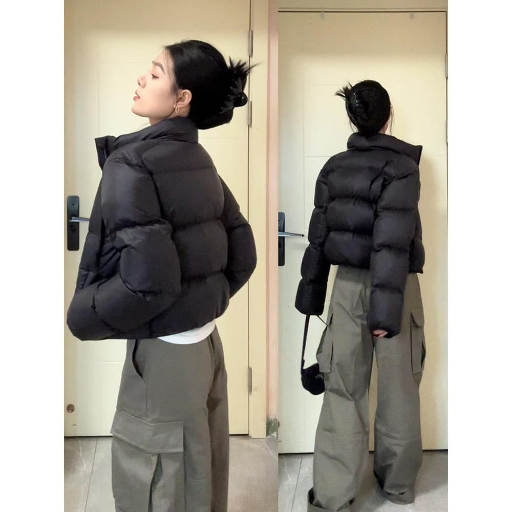 Preto curto estilo Kentou jaqueta feminina 2025 novo estilo inverno pequeno leve fino gola alta jaqueta de pão engrossad