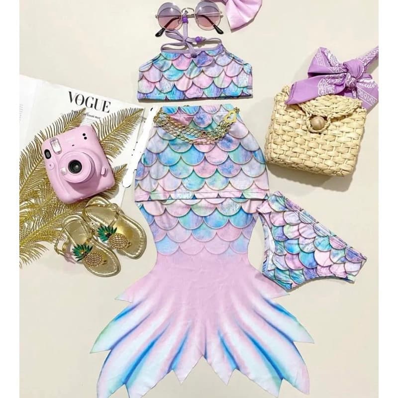 Kit Biquíni Calda de Sereia Infantil Completo - Moda Blogueirinha 3 pçs de biquini Suplex Moda Praia