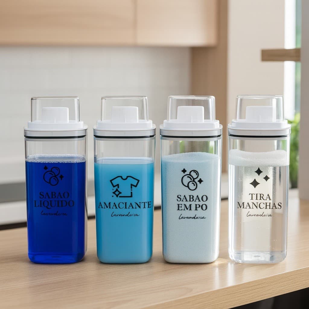 Kit Dispenser Organizador Lavanderia 2,3L Acrílico Porta Amaciante Sabão em Pó Sabonete Liquido Ou