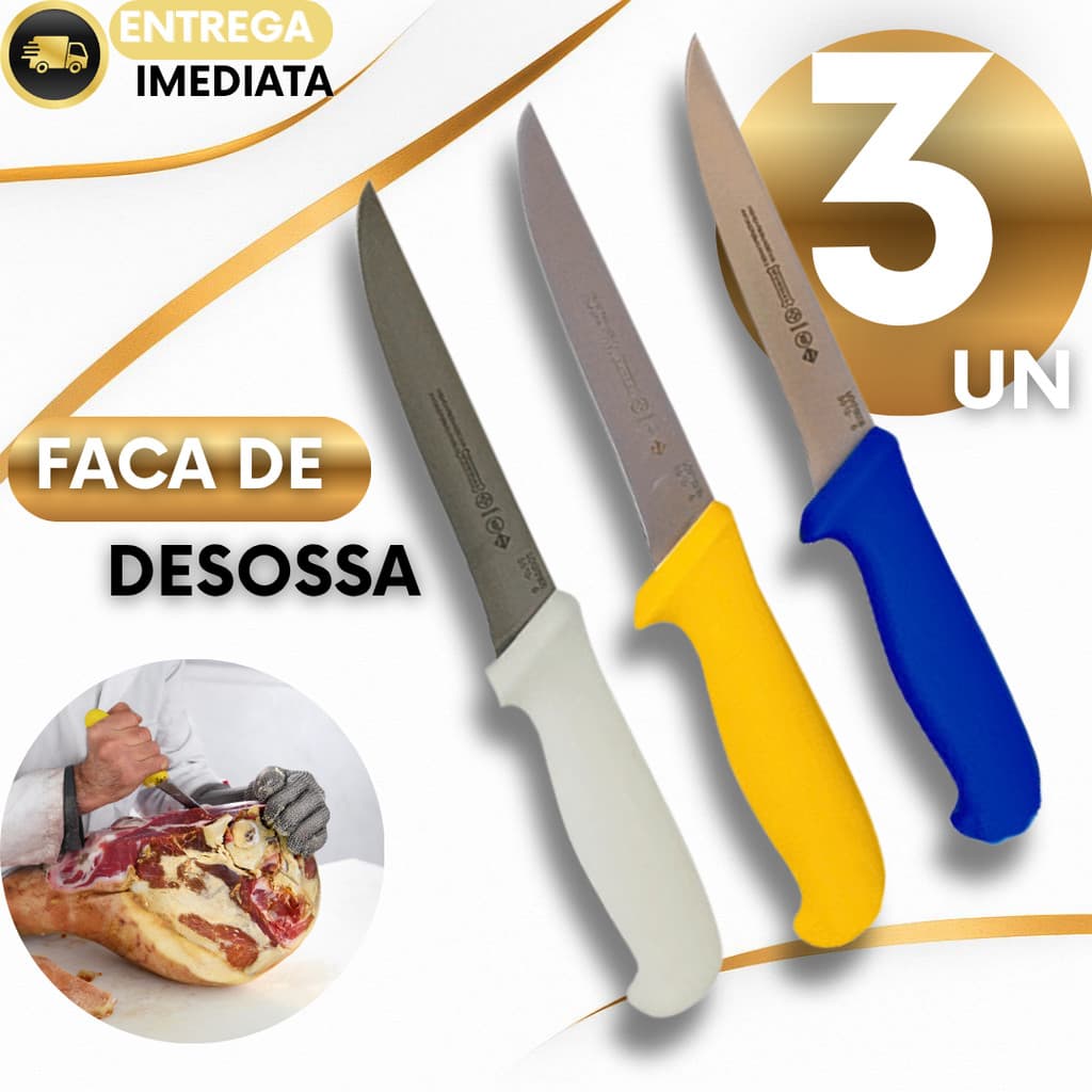 03 Faca Profissional de Desossa Reta Aço Inox 6 Polegadas Açougueiro