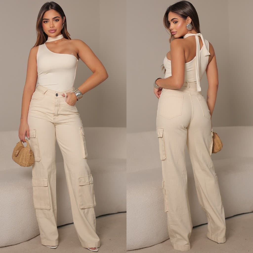 Calça Cargo Jeans Feminina Off White Bolsos Fole Estilo Casual Moderno