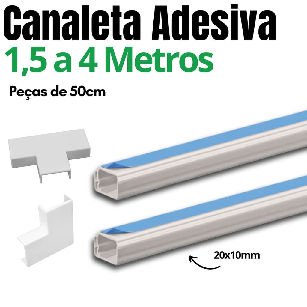 Canaleta Organizadora de Fios com Fita Adesiva 50cm Emenda e Conector 20x10mm