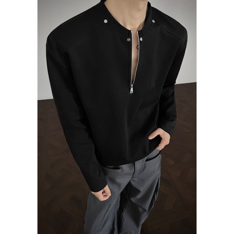 Cleanfit preto meio zíper moletom masculino primavera outono Design rebite manga comprida camiseta estilo americano cami