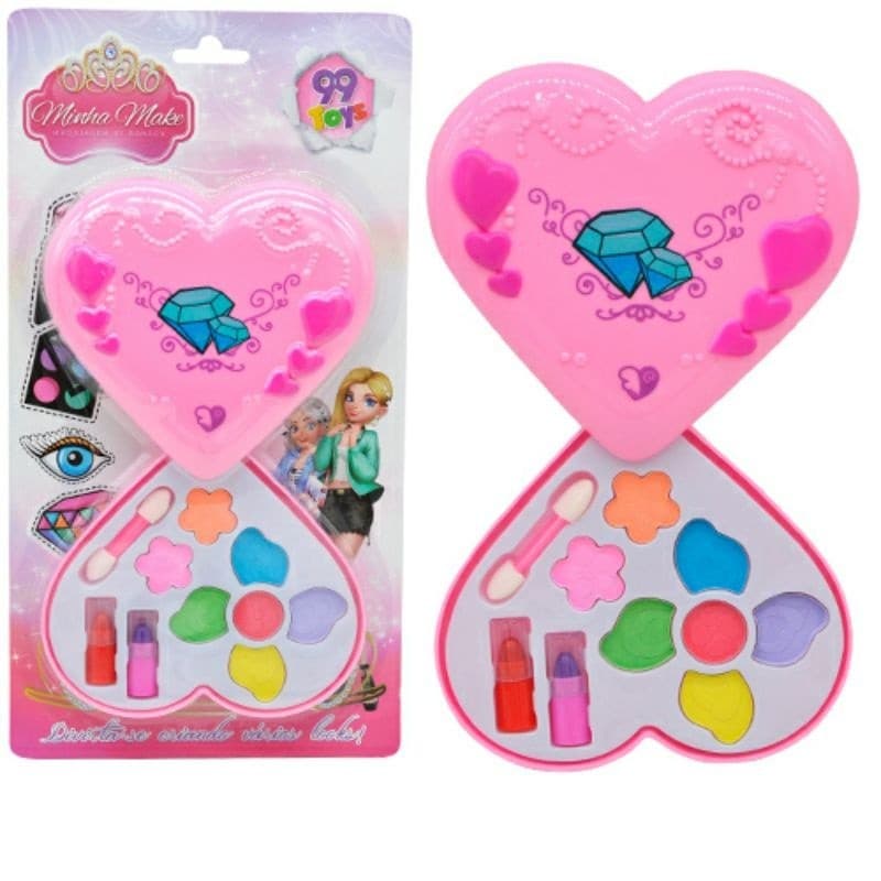 Maquiagem Infantil no Estojo de Coração Rosa com Batom, Pincel, Blush Brinquedo Make
