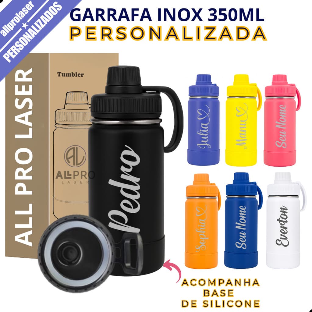 Garrafa Térmica Infantil 350ml + Base Silicone Personalizada a Laser Logo Nome Time