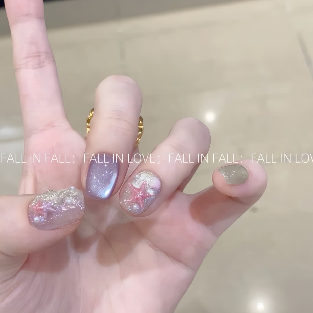 [Paida Star] Dopamina Cristal Olho de Gato Tridimensional Estrela Pérola High-End Unhas Usadas à Mão Estilo Curto Manicu
