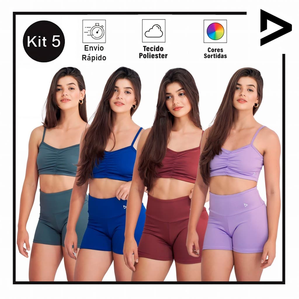 KIT 5 Conjunto Fitness Top Short Fitness Academia Short e Top Topper Pilates Confortavel Musculação