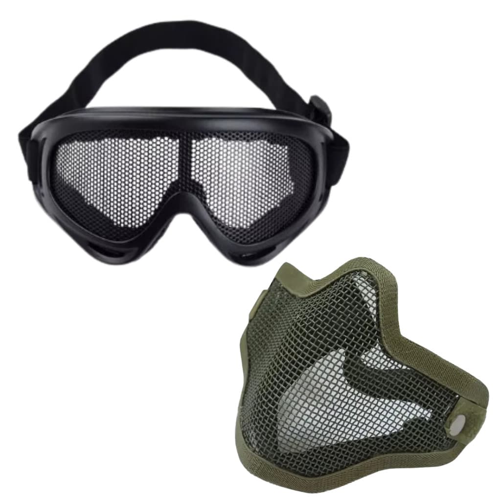 Kit Máscara Telada Verde + Óculos De Segurança Tático Com Grade Preto
