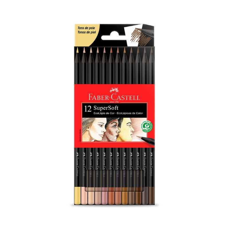 Lápis de Cor 12 Tons de Pele Faber-Castell SuperSoft Pigmentação Intensa no Papel Preto ou Branco