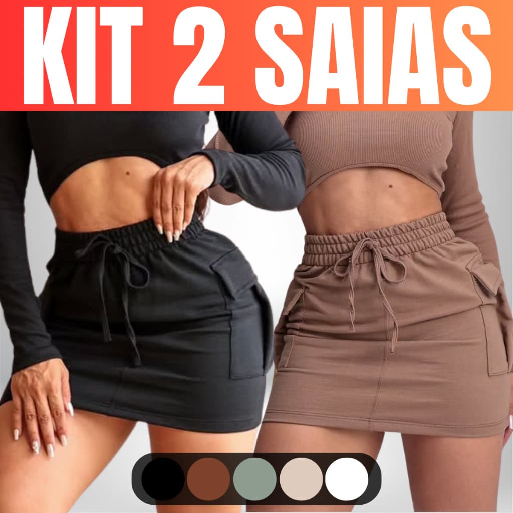KIT 2 Saia Cargo Moletom Moletinho Feminina Cintura Alta com Bolso