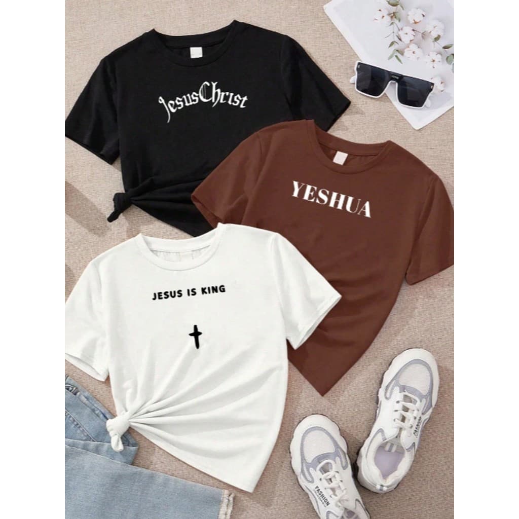 Kit com 3 blusas Cristãs jesus Cristo Yeshua feminina branca e rosa marrom 100% algodão