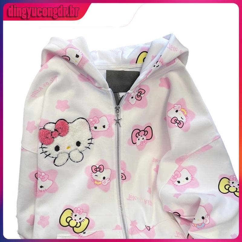 Japonês bonito Hello kitty impresso bordado moletom com capuz outono inverno novo estilo jaqueta