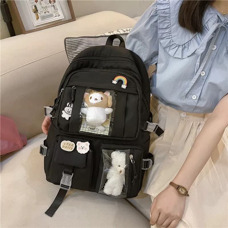 Mochila Feminina Escolar Passeio Estilo Coreano Grande Capacidade com Chaveiro de Urso