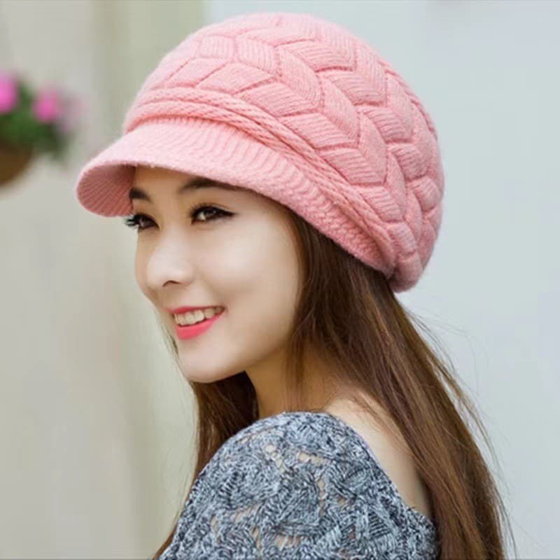 Boina Feminina de Inverno em Cor Sólida, Quente, de Tricô Solto, Estilo Casual para Esqui, Versão Coreana, com Forro de