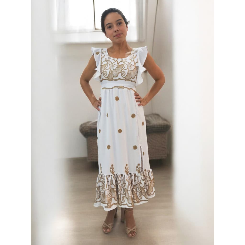 Vestido Longo Feminino Juvenil Bordado - Tendência Festa, Elegante, Confortável, Casual