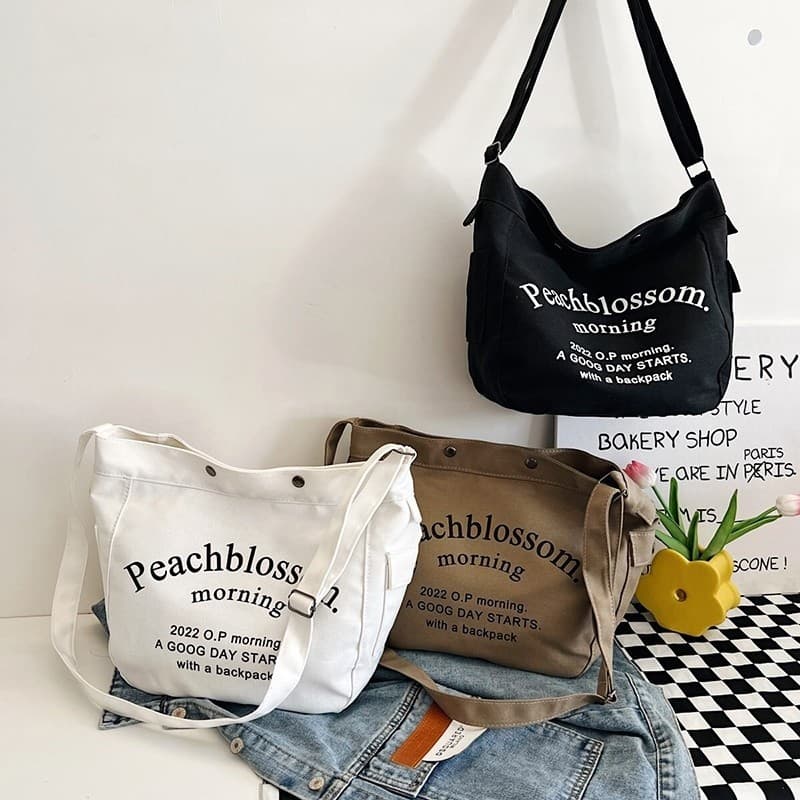 Bolsa Feminina Ombro Regular Lona Letra Bolsa De Lona Bolsa De Estudante Alça De Ombro Larga Bolsa De Tiracolo Vintage