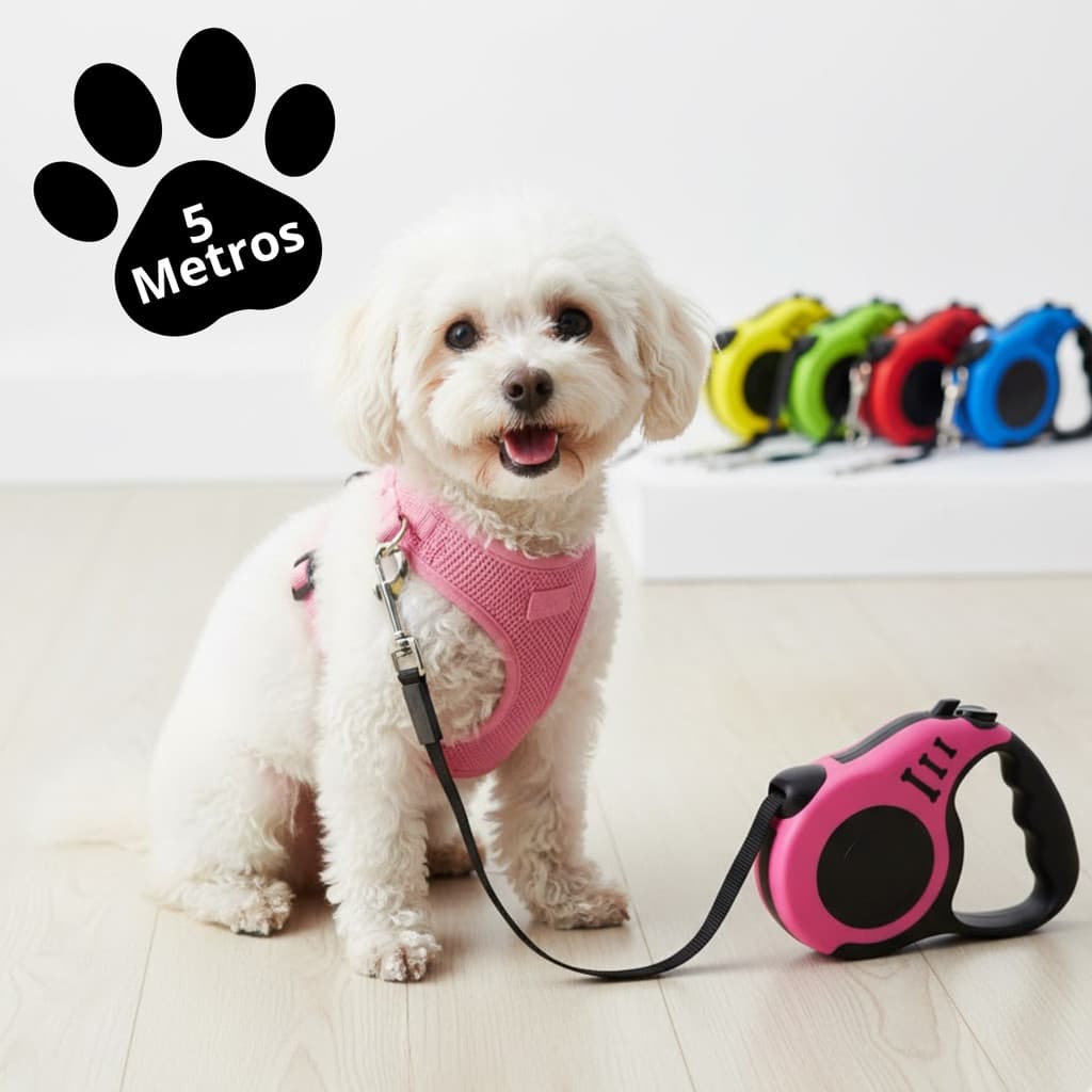 Guia Retrátil Automática 5 metro Para Passeio Cachorro e  Gato  diversas cores para machos e femeas