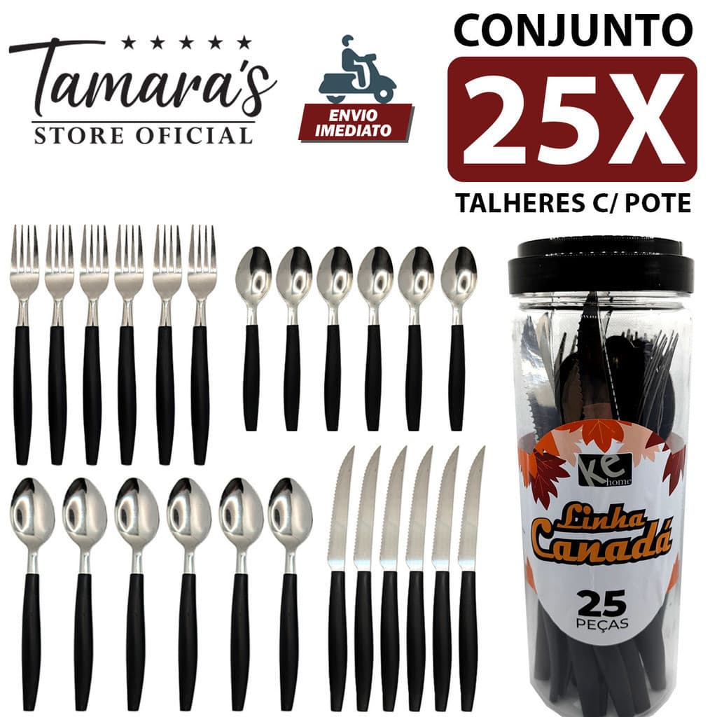 Talheres Canadá cabo preto, 25 peças com pote. Moderno, prático e ideal para até 6 pessoas!