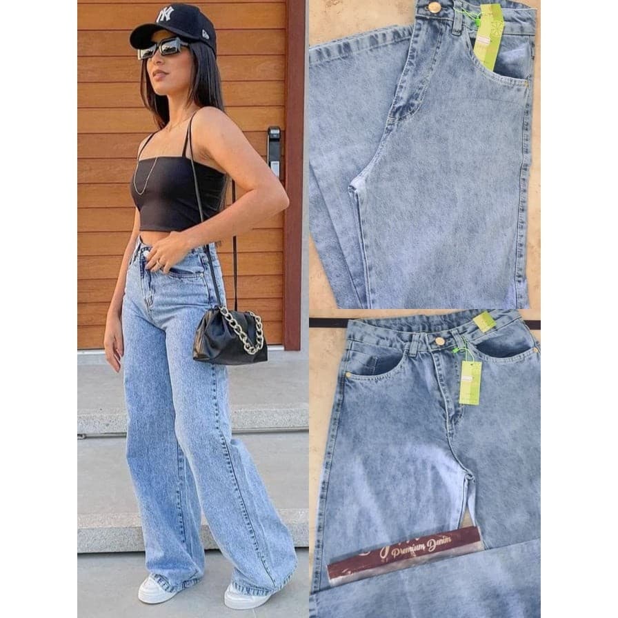 Calça Wide leg Jeans Marmorizada Pantalona Tecido Premium black friday 2025