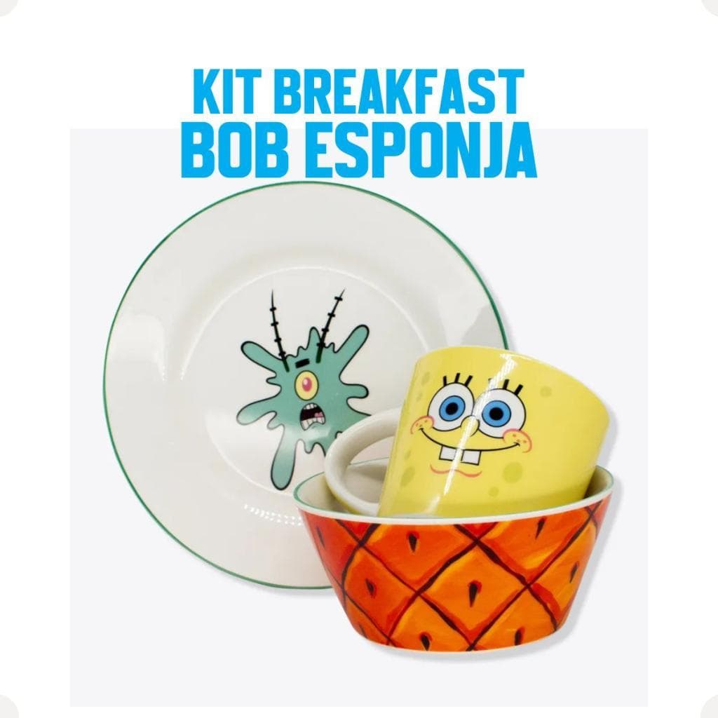 Conjunto Breakfast Bob Esponja Caneca Bowl Prato Cerâmica Decoração Presente Geek Café Gourmet