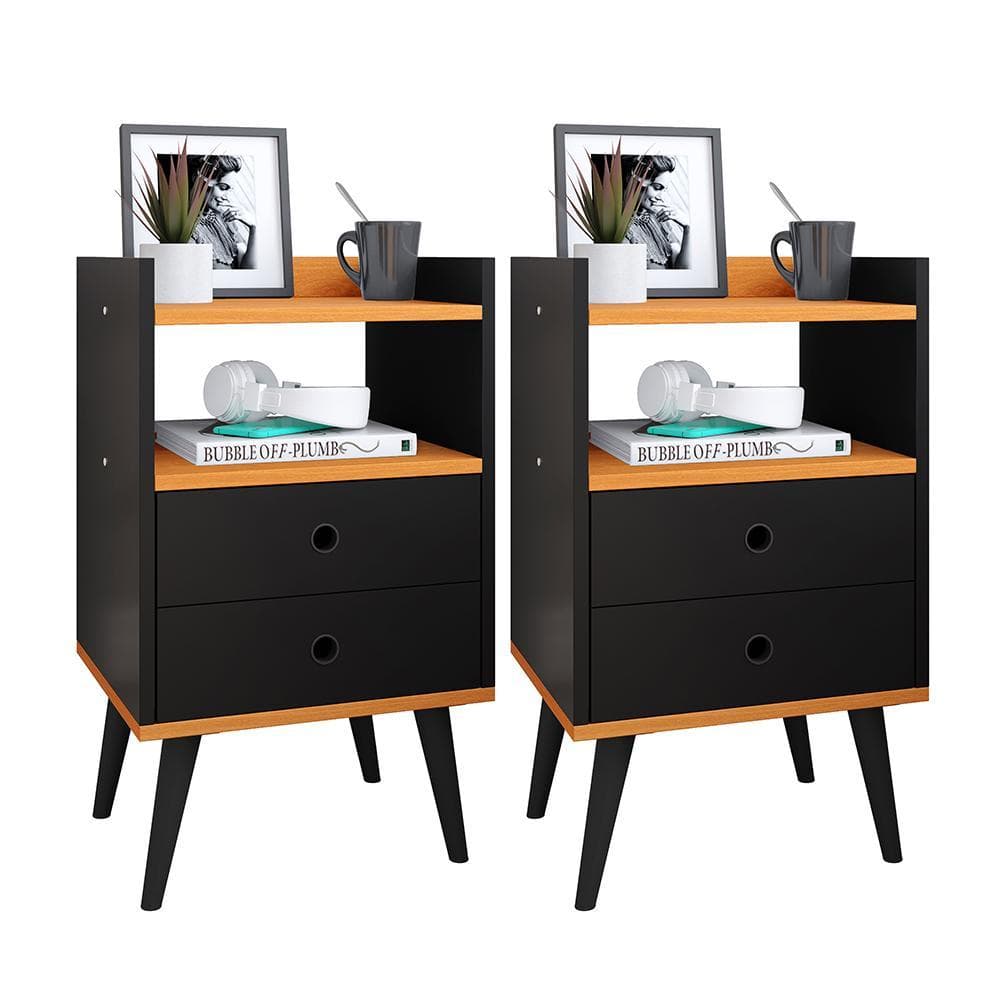 Kit 2 Mesinhas Cabeceira 2 Gavetas Mesa Lateral Cama Com Nicho Quarto Abajur Livros Retro Grande