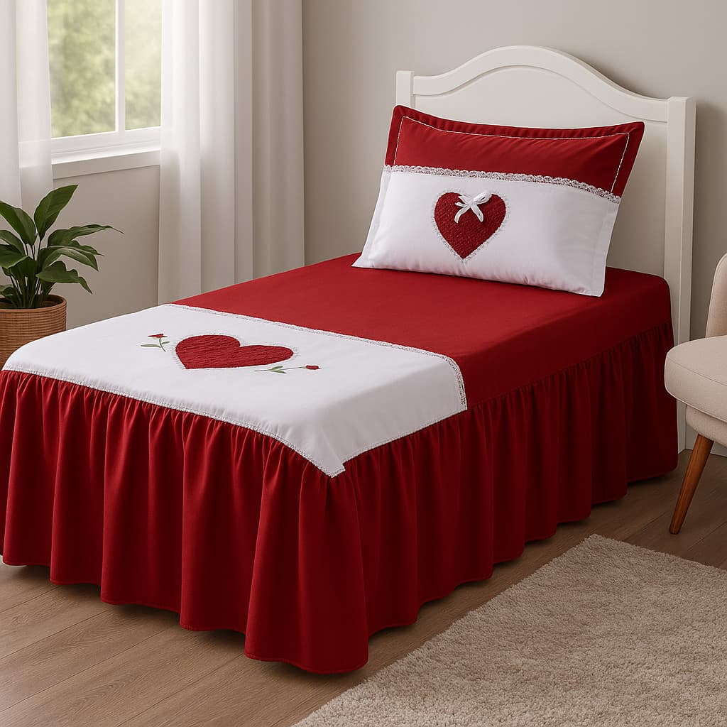 Kit Colcha Solteiro Oxford Jogo de Cama Cobre Leito 2 Peças com Aplicação de Coração com 1 Fronha