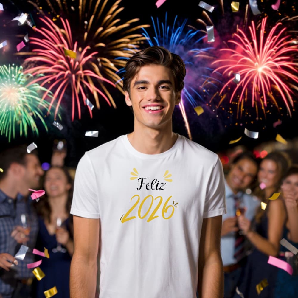 T-shirt Feliz 2026 Unissex Estampada Desejos Confortável Respirável Confraternização Branca