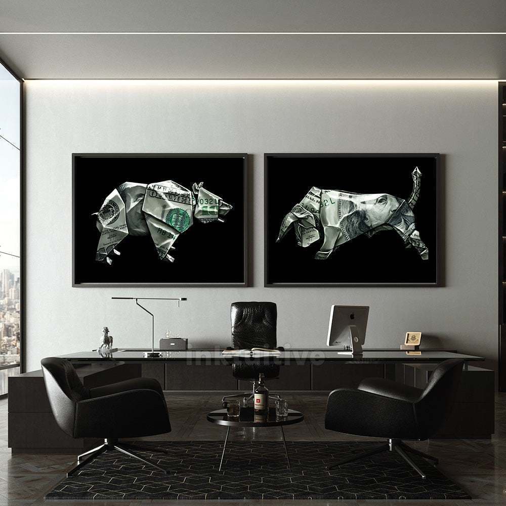 Kit Quadro decorativo sala 2 peças touro urso dinheiro decoração escritório notas De dólar Biticoin
