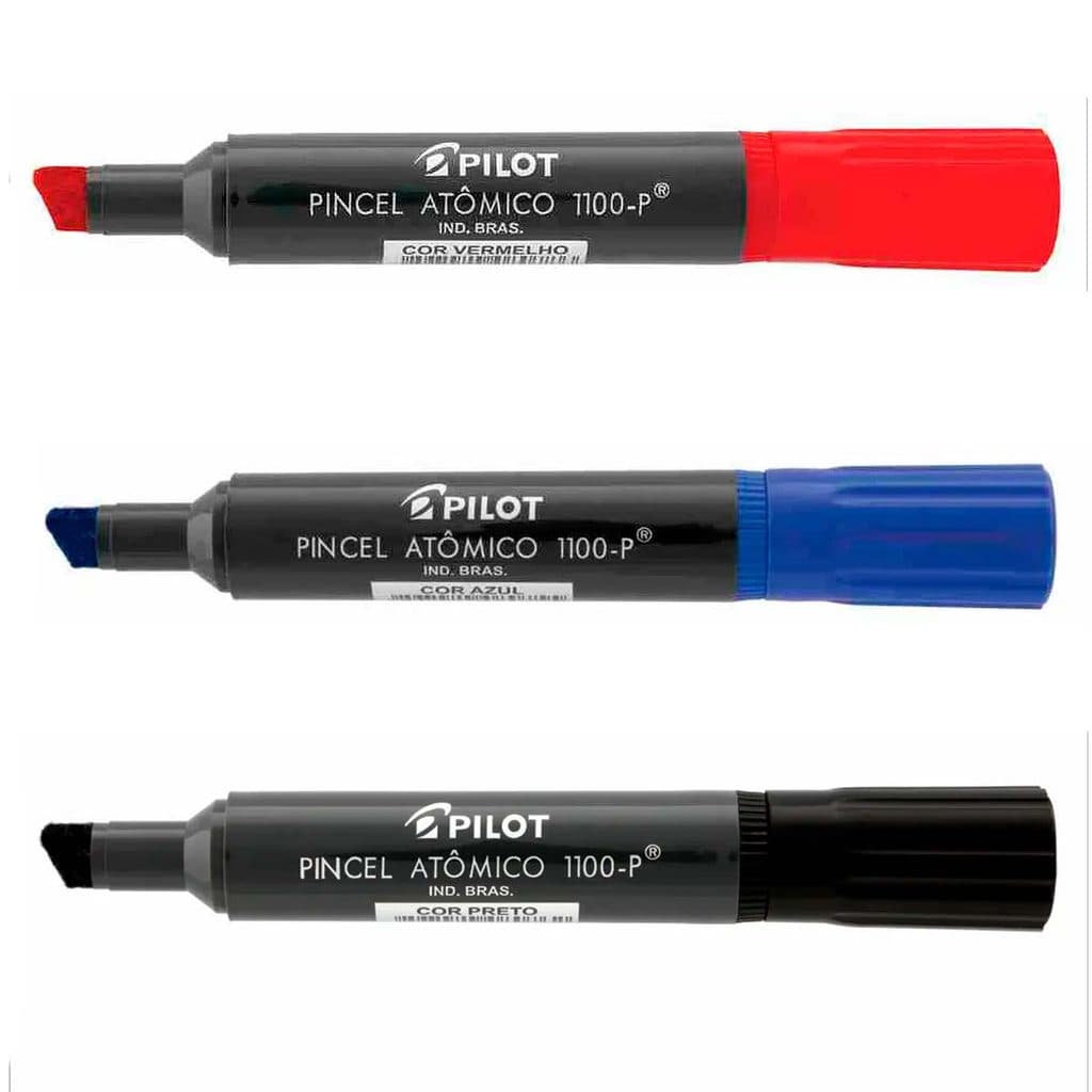 Kit 3 Pincéis Atômicos recarregáveis Azul, Preto e Vermelho 1100-P Pilot