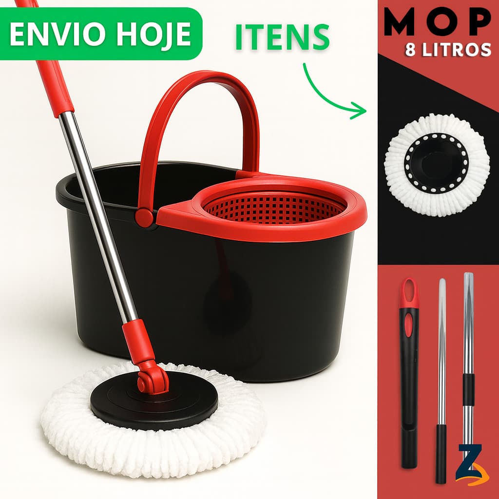 Mop Giratório Cabo Grande de 120 cm 8 Litros Cesto Em Plástico e Inox - Balde Centrífuga Preto
