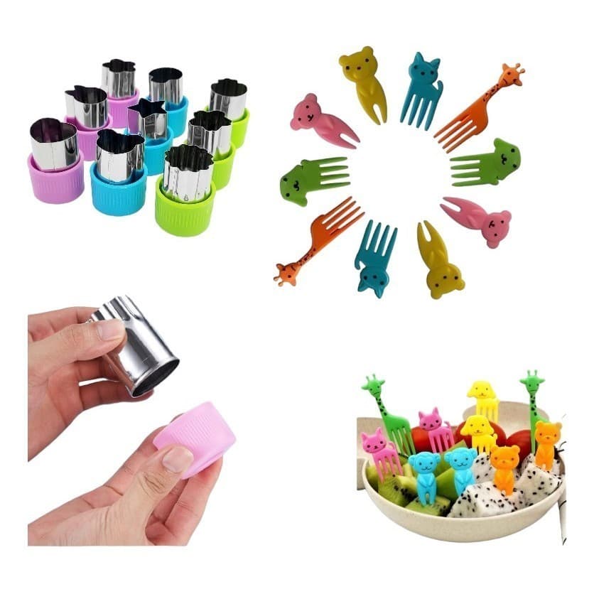Cortadores de Frutas Legumes e Massas + Garfinhos Kit 9 Peças Infantil Escolar