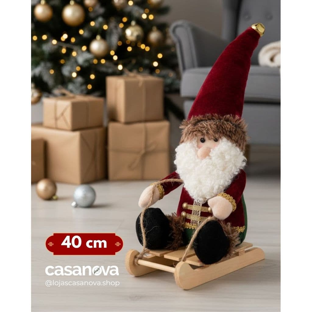 Papai Noel Luxo Veludo Vermelho no Trenó 40cm Enfeite Natal – Decoração Natalina