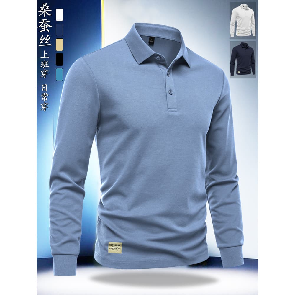 Novo estilo camisa polo de seda amoreira masculina de manga comprida primavera outono lapela moletom superior high-End n