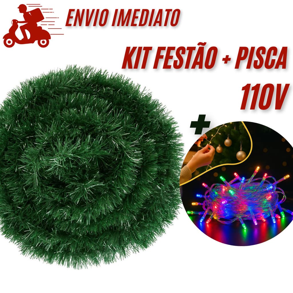 KIT DECORAÇÃO DE NATAL FESTÃO + LUZES ENFEITE PISCA PISCA 100 LEDS 110V VOLTS 2M X 9M  NATAL CASA ESCRITORIO ESCADAS