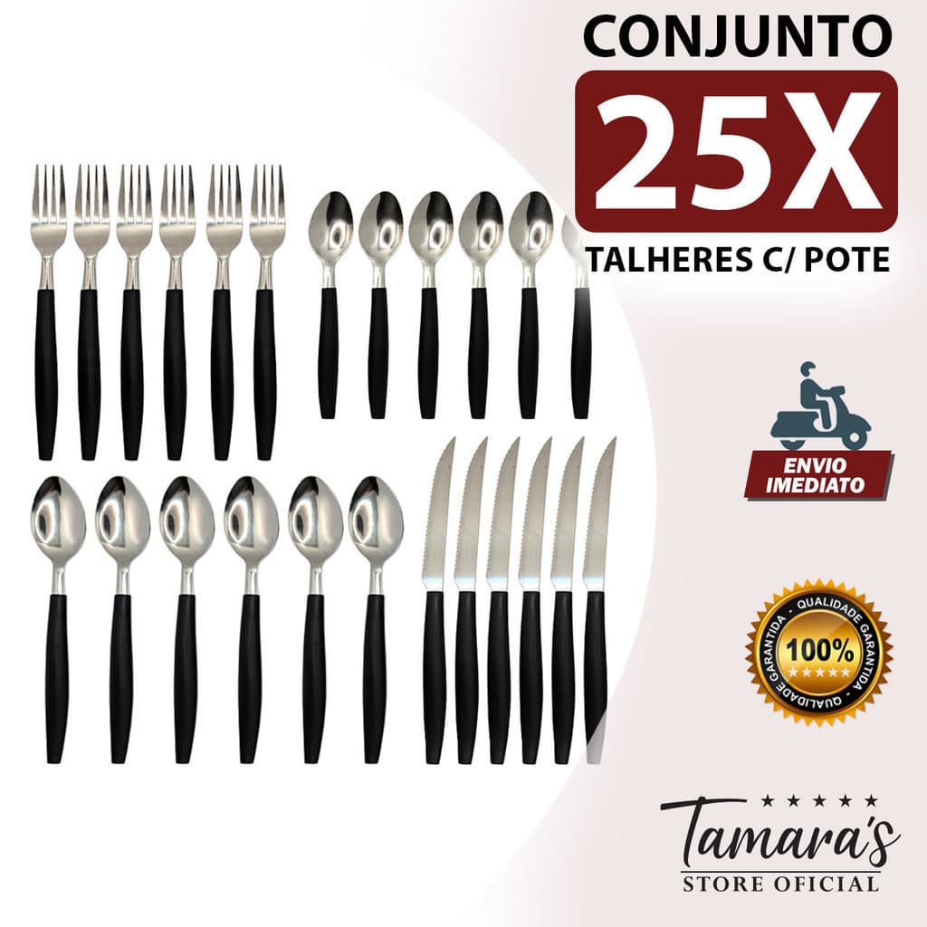 Talheres cabo preto Kit Candá, 25 peças com pote. Moderno, prático e ideal para até 6 pessoas!