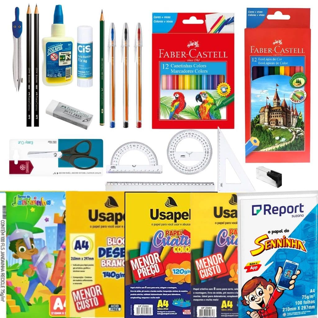 KIT 2 GRAU + PAPEIS + MATERIAIS  ESCRITA E COLORIR + COMPASSO + COLA+ BORRACHA + TESOURA + APONTADOR