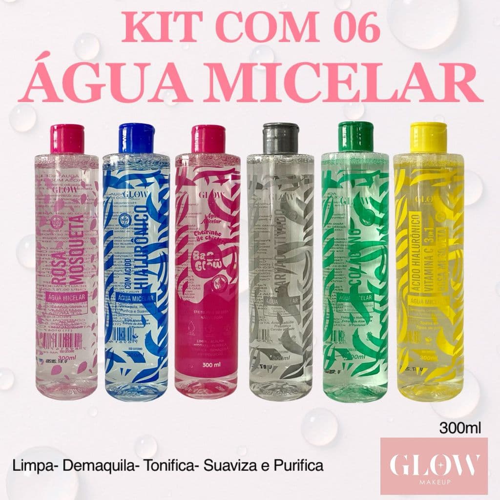 Kit com 06 Água Micelar Demaquila Tonifica Suaviza Purifica Solução de Limpeza Skin Care Glow Makeup