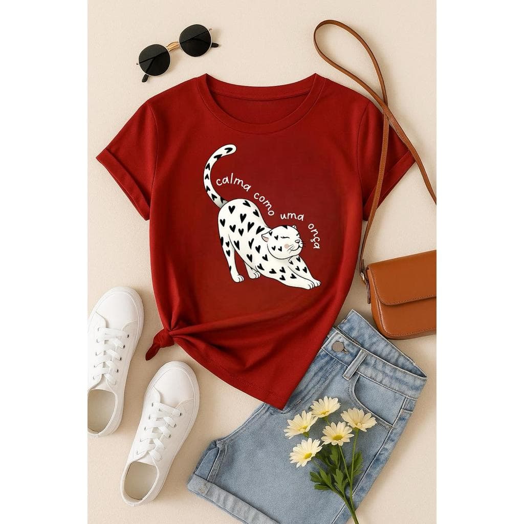 T-Shirt Feminina de Algodão Blusa Básica Estampada 100% Algodão – Onça Cute e Frase Divertida