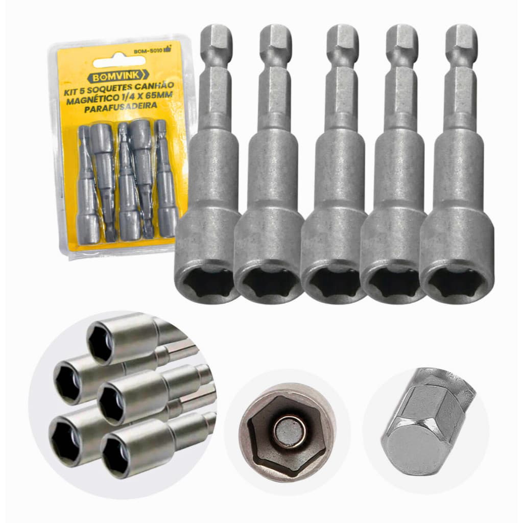 Soquetes Magnético Canhão 1/4 x 65mm Para Parafusadeira KIT com 5 und.