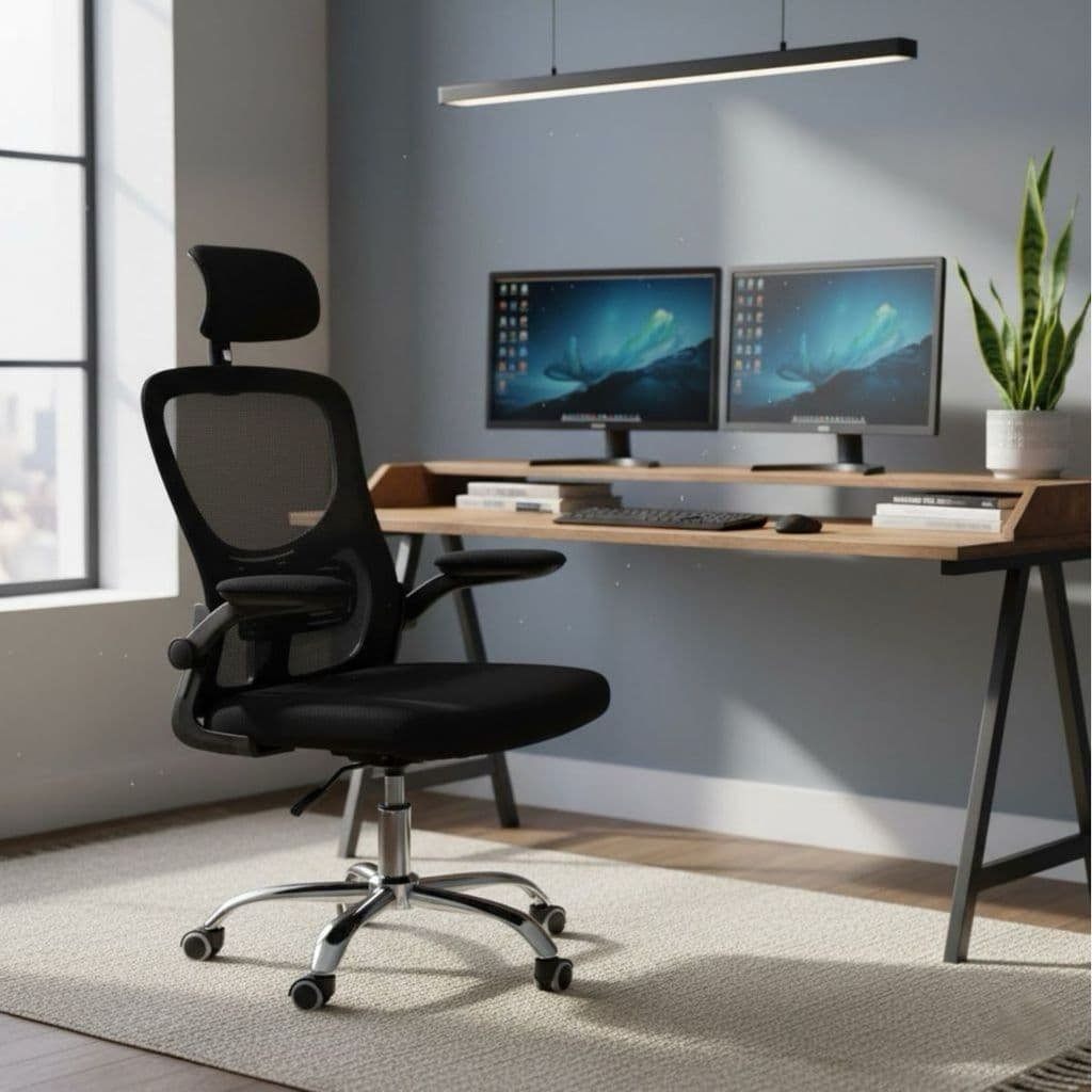 Cadeira Escritório Ergonômica Giratória Apoio Braços Mesh Rodinhas Cor Preta
