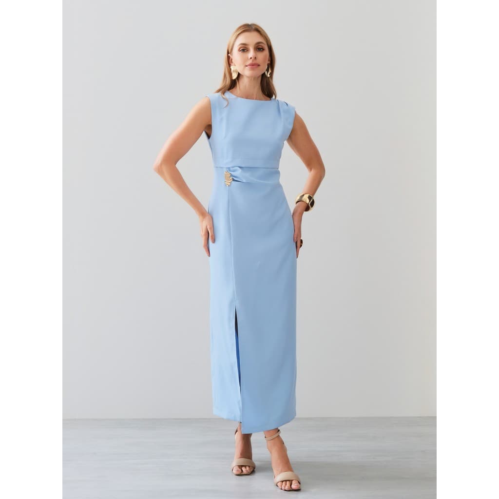 YAN FASHION Vestido Midi Feminino Em Alfaiataria Com Detalhe Na Cintura E Fenda Frontal Sofisticado