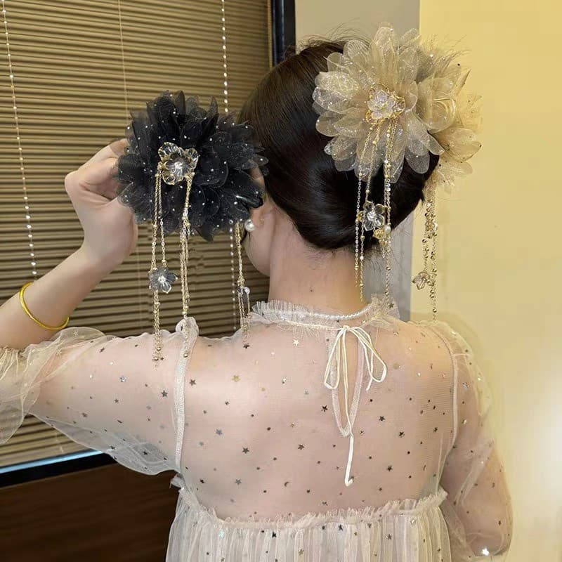 Malha Flor Borboleta Grampo De Cabelo Cristal Corrente Borla Rabo De Cavalo Clipe Mulher Elegante Acessórios Para O