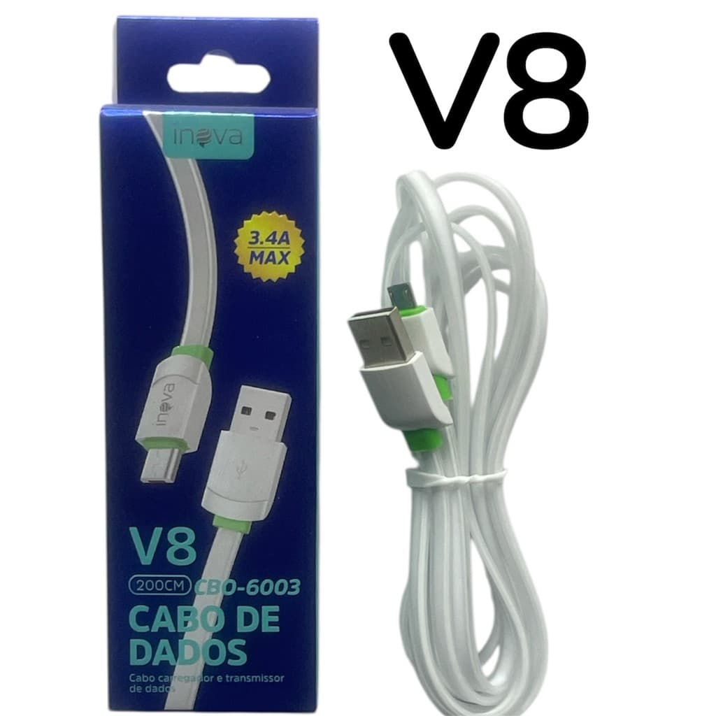Cabo Inova V8 2m – Carregamento Turbo 3.4A Para Android (Micro USB) Reforçado